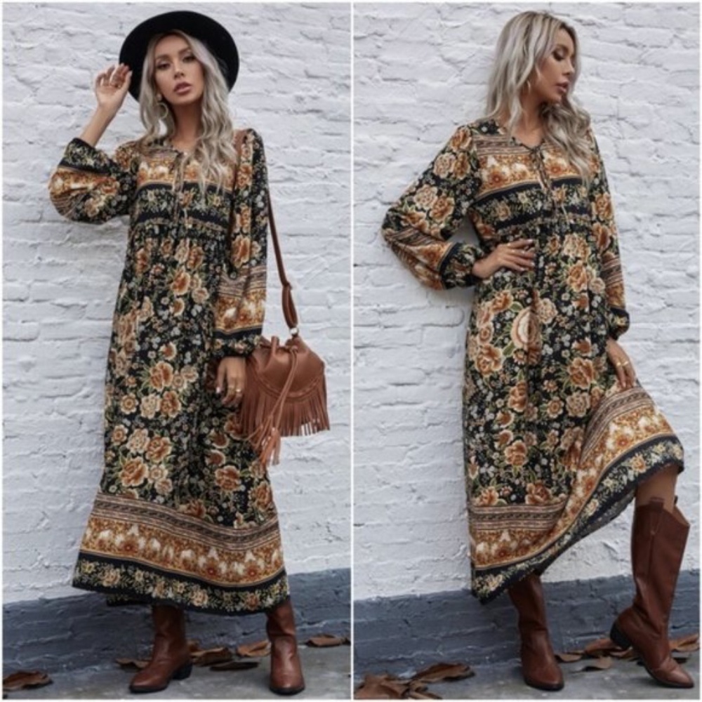 boho floral print long sleeve tie neck maxi dress